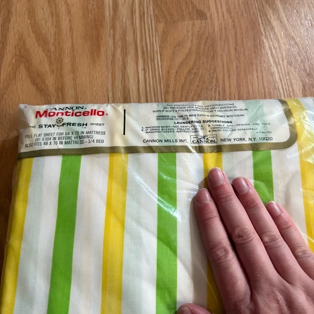 Vintage Cannon Monticello Green and Yellow Striped Sheet Set NEW Full 70s 80s 90